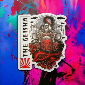The Geisha Japanese Woman Snake Moon Red Skull Flowers Sticker